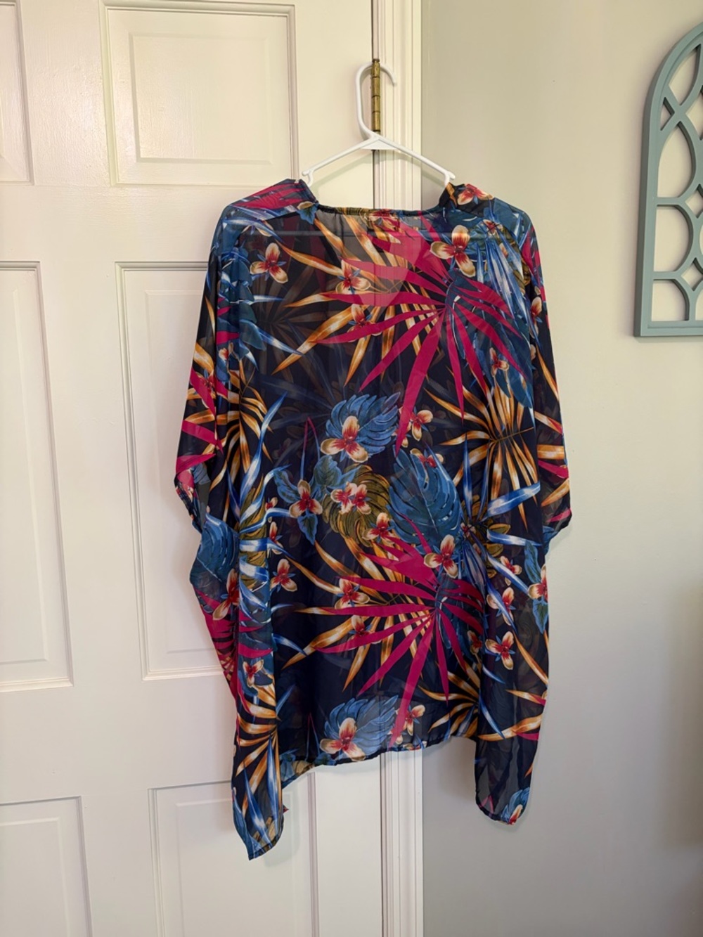 Tropical Floral Sheer Kimono Blouse - Navy/Multicolor - Picture 5 of 6